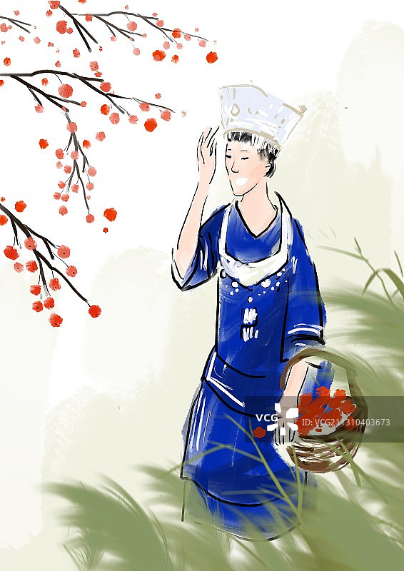 水墨中国画苗族女孩能歌善舞插图图片素材