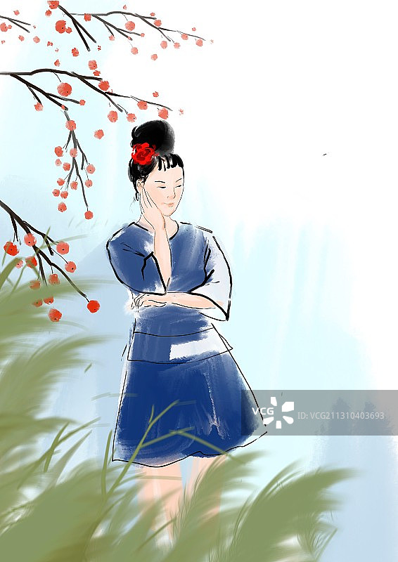 水墨中国画苗族女孩能歌善舞插图图片素材