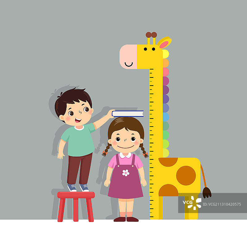 测量身高的小女孩和卡通男孩图片素材