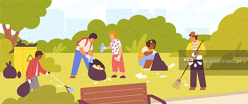 不同肤色的孩子们清理城市公园图片素材