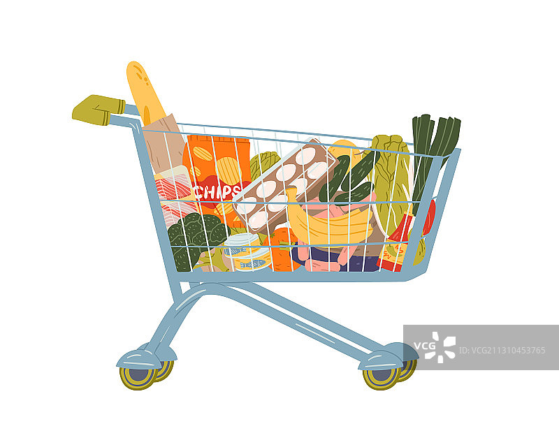 装满食物和饮料的扁平购物车图片素材