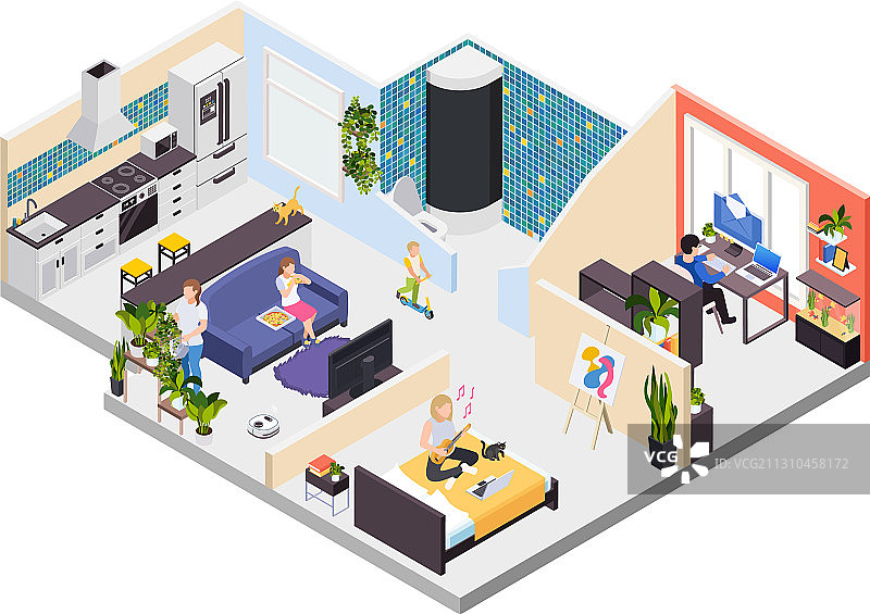 居家隔离2.5D室内设计图片素材