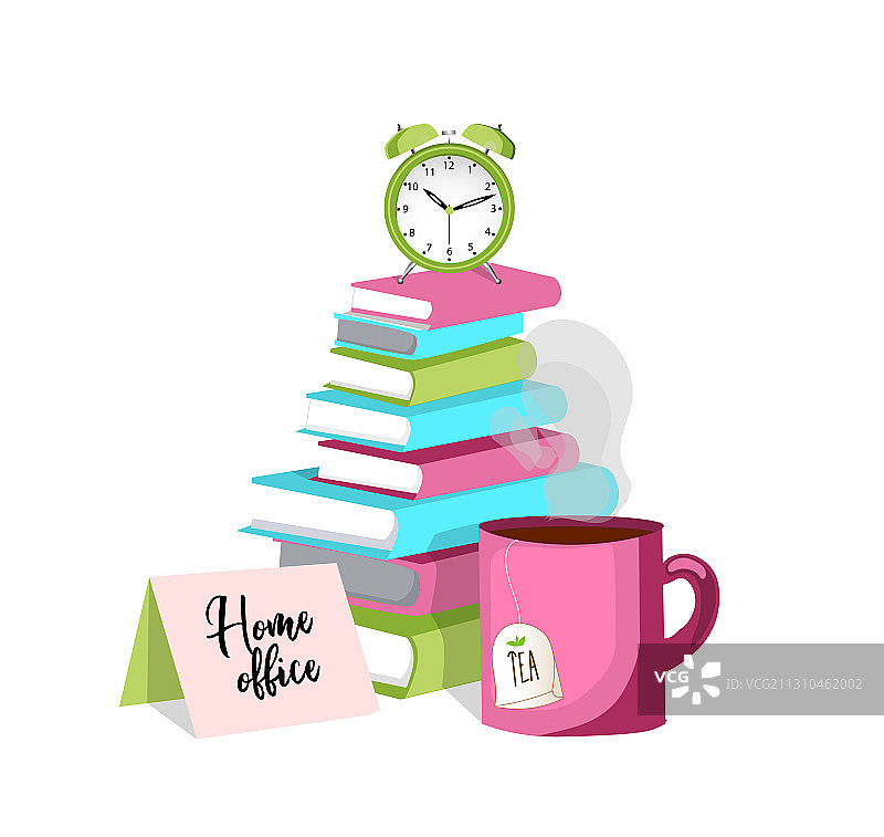 在家工作：茶杯、闹钟和书籍图片素材