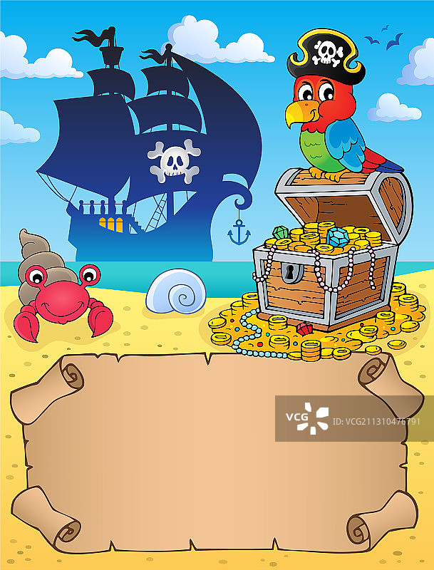 带有鹦鹉和宝藏的小羊皮纸图片素材