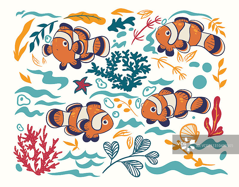 小丑鱼和航海元素组合图片素材