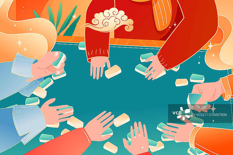 卡通春节新年家人团圆打麻将游戏娱乐年味传统节日中国风矢量插画图片素材