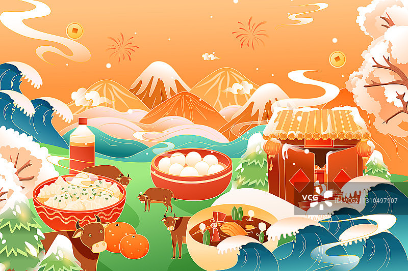 卡通春节新年2021牛年生肖美食年货节元旦除夕中国风矢量插画图片素材