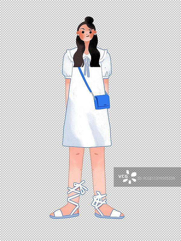 蓝色背景时尚白色连衣裙女生插画图片素材