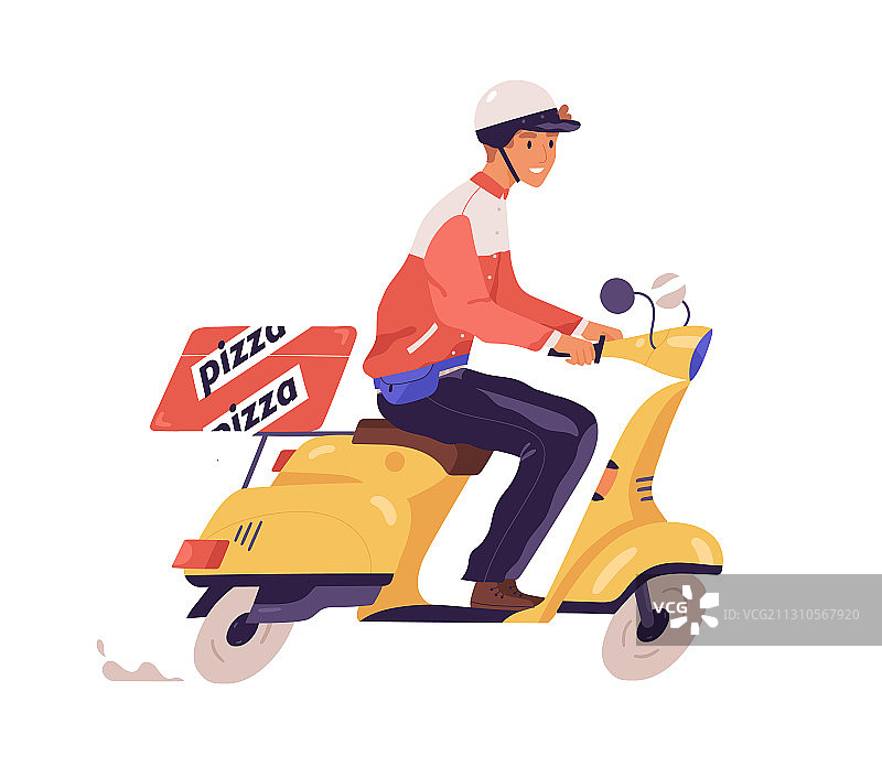 披萨外卖员骑摩托车扁平设计图片素材