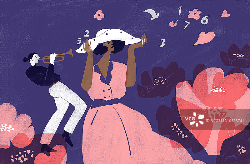 花丛中浪漫情侣插画图片素材