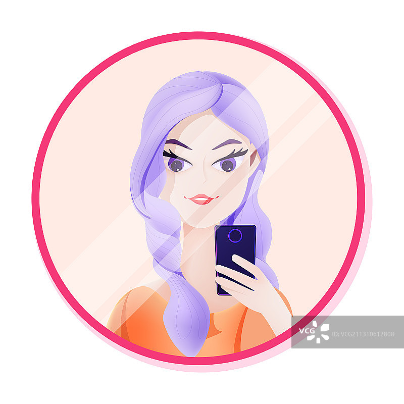 正在对着镜子化妆自拍的美丽女孩手绘矢量插画图片素材