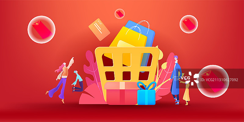 新年一家四口开心的去购物矢量插画图片素材