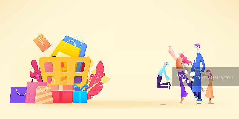 新年一家四口开心的去购物矢量插画图片素材