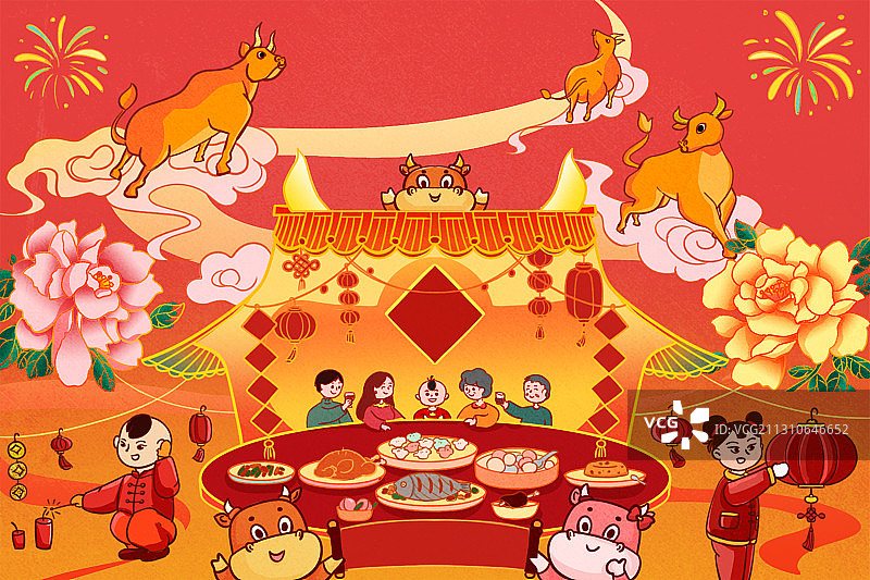 牛年一家人聚在一起吃年夜饭，金牛盘旋上空图片素材