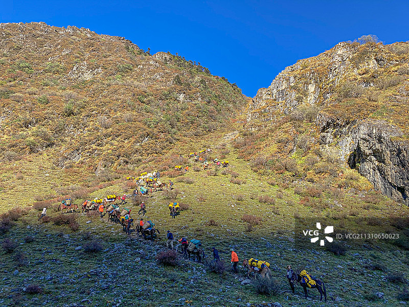 芒框腊卡峰下准备翻越垭口的马队图片素材