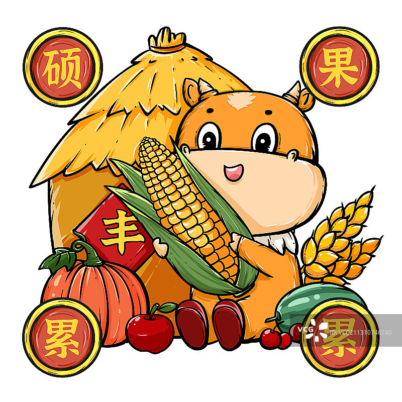 一只牛抱着玉米坐在丰收的果实和粮仓前图片素材