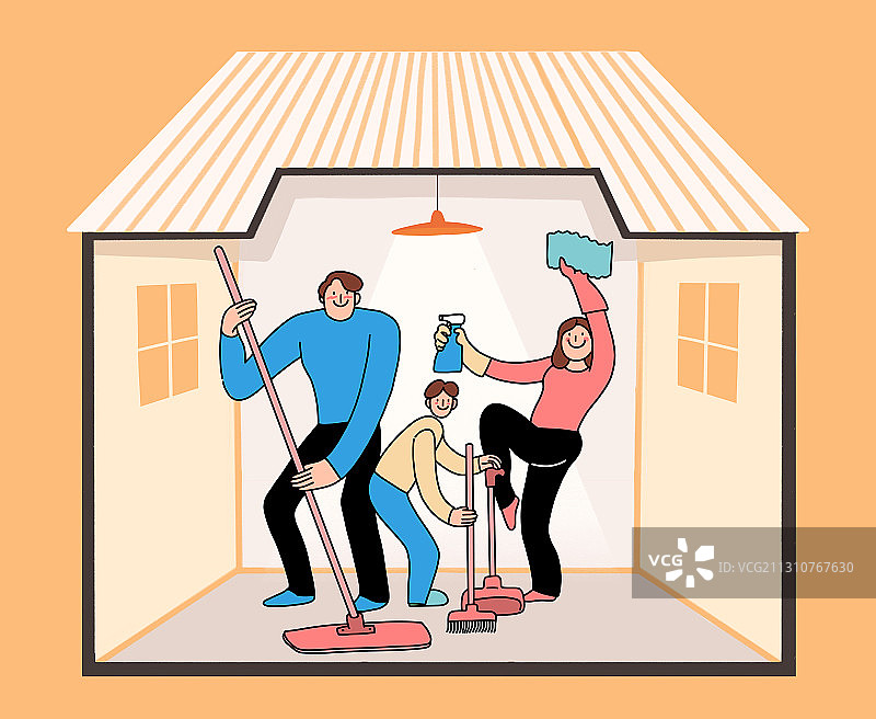 一家三口新年打扫房子插图手绘绘画图片素材