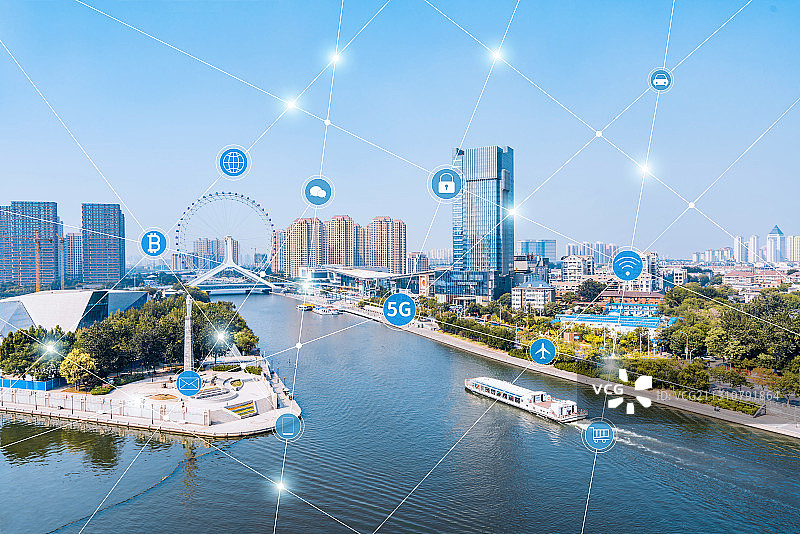 中国天津市海河天津之眼和城市互联大数据概念图片素材