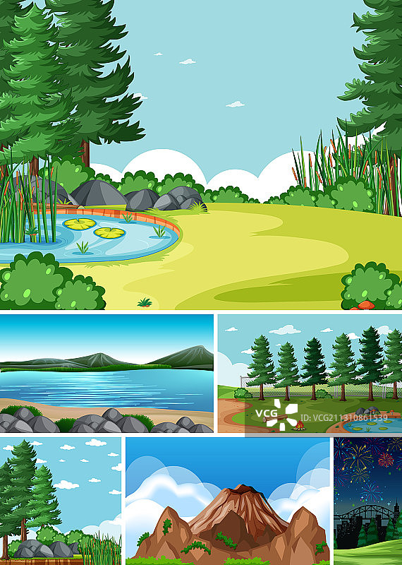 六个不同场景的自然背景卡通图片素材