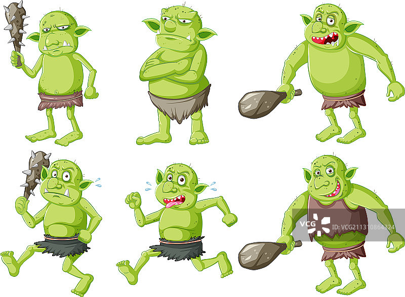 一组带有狩猎工具的哥布林或巨魔图片素材