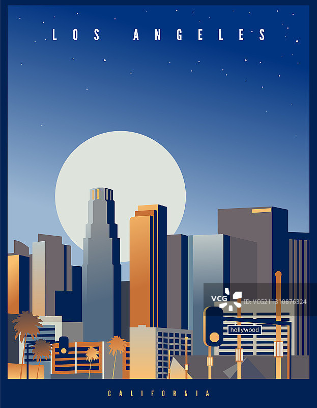 洛杉矶天际线与满月（美国）图片素材