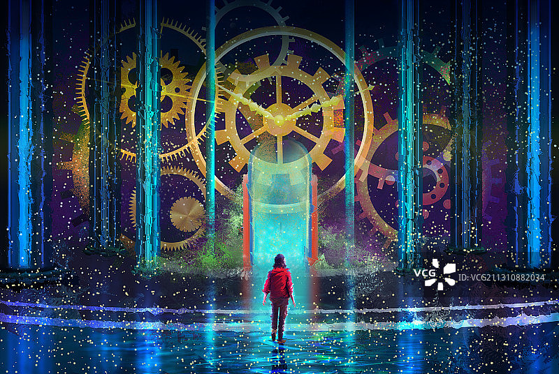 走进时间齿轮大门的人图片素材