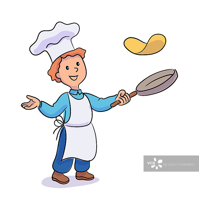 小男孩厨师在煎锅里抛煎饼图片素材