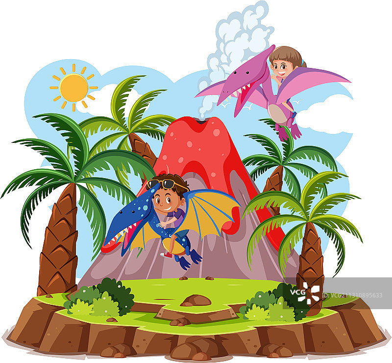 孩子们骑着可爱的恐龙看火山爆发图片素材