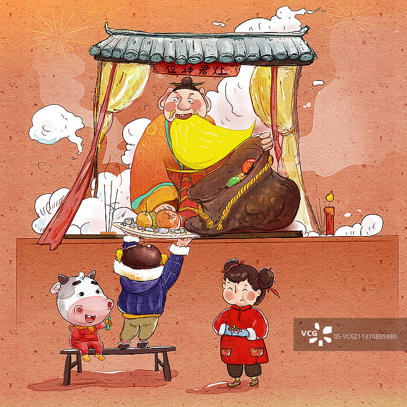 牛年水彩风童趣年俗插画图片素材