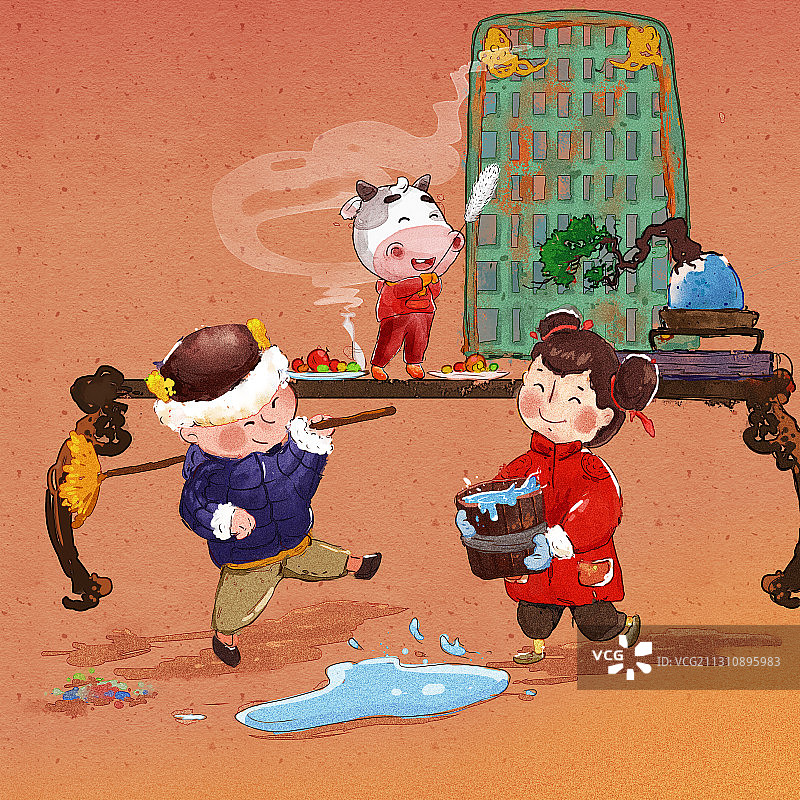 牛年水彩风童趣年俗插画图片素材