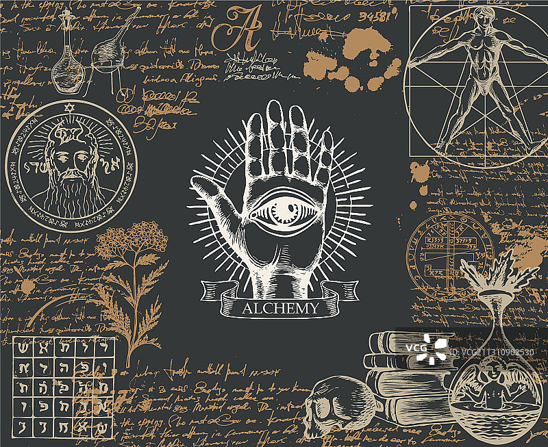 带有手绘草图和注释的炼金术banner图片素材