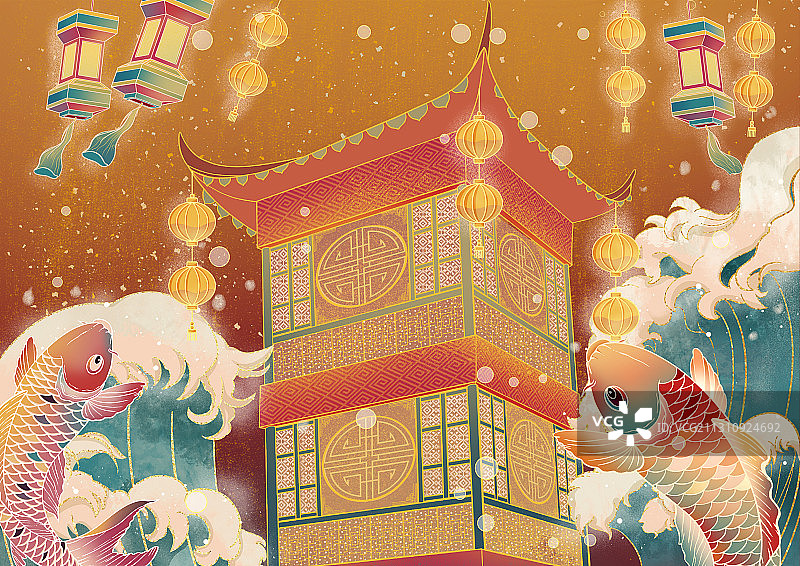国潮风建筑和锦鲤图片素材