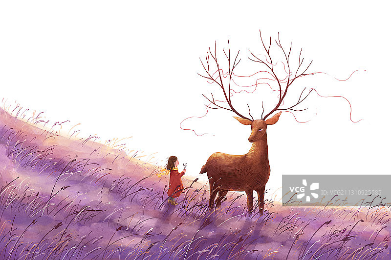 冬天唯美麋鹿和女孩插画白底图片素材