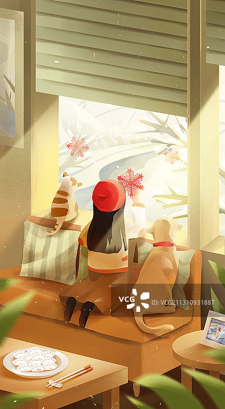 冬天的室内 小女孩和宠物一起吃饺子看雪图片素材