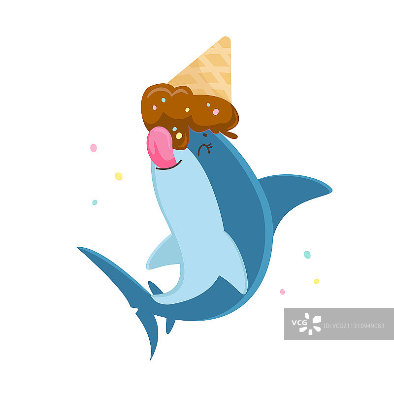 可爱的鲨鱼角色舔着融化的冰淇淋图片素材