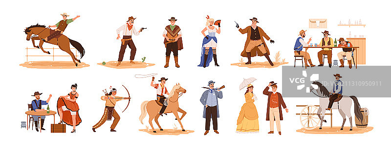 狂野西部卡通人物扁平风套装图片素材