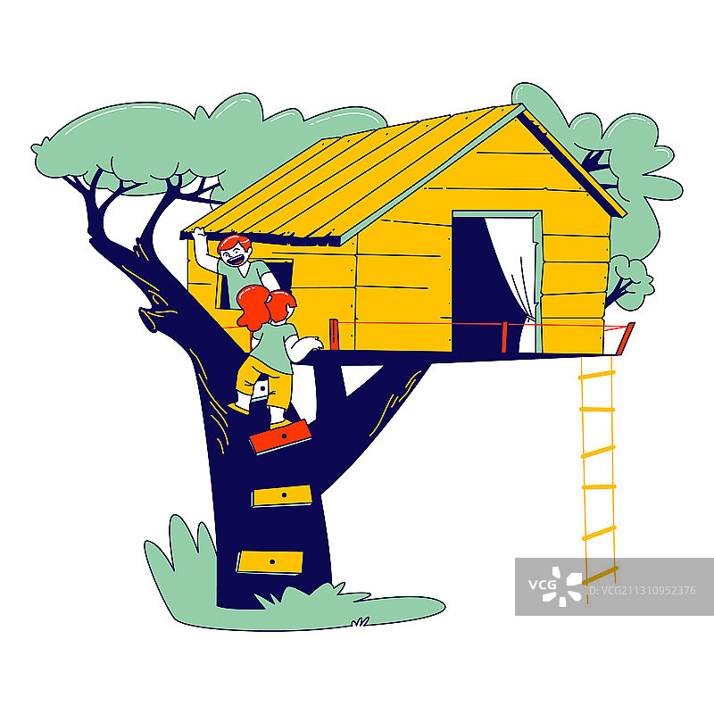 孩子们在自家树屋上玩耍图片素材