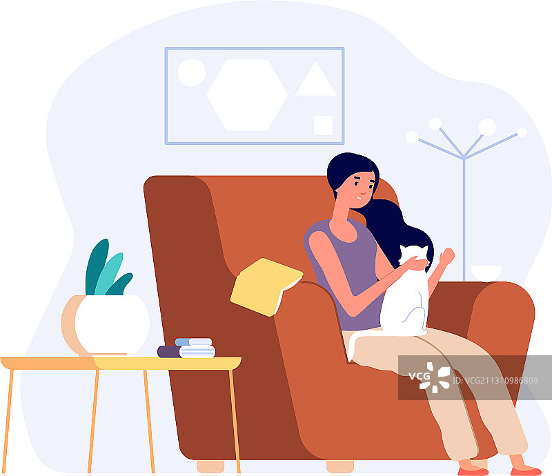 在舒适客厅里放松的女人和猫图片素材