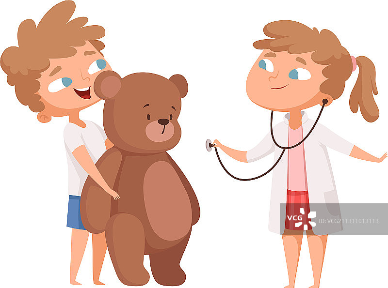 可爱女孩扮演医生与泰迪熊图片素材