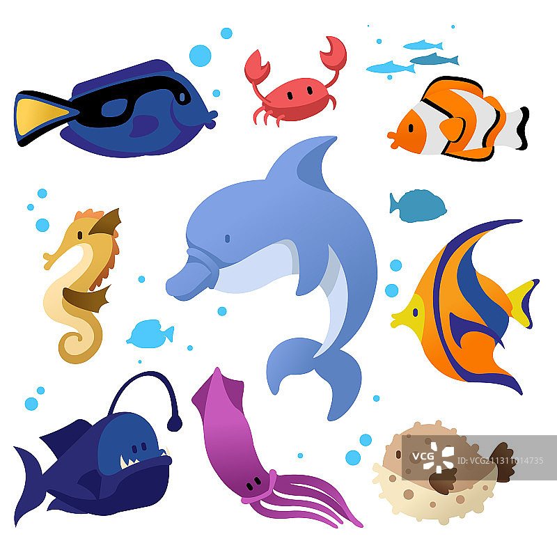 卡通彩色不同鱼类图标合集图片素材