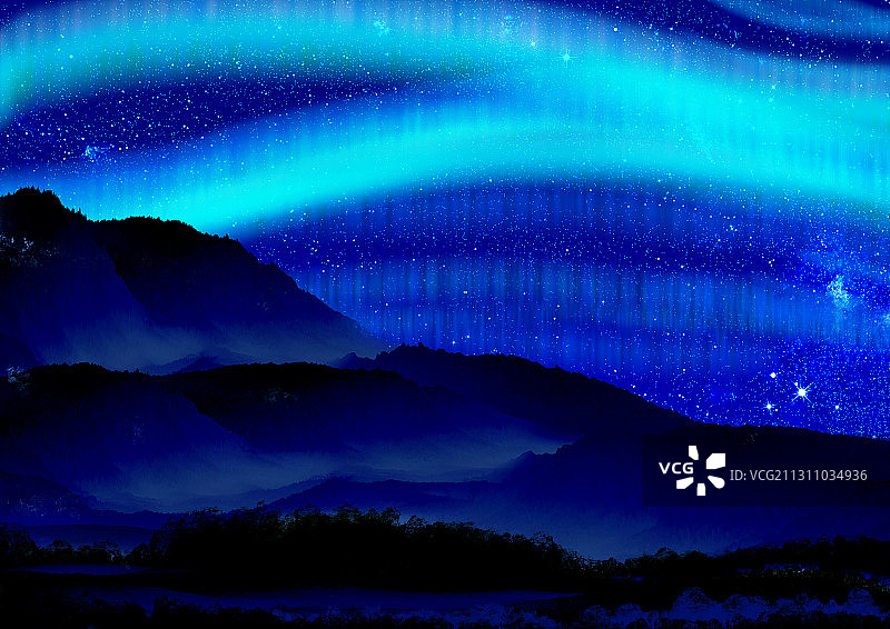 森林夜晚星空下的极光图片素材