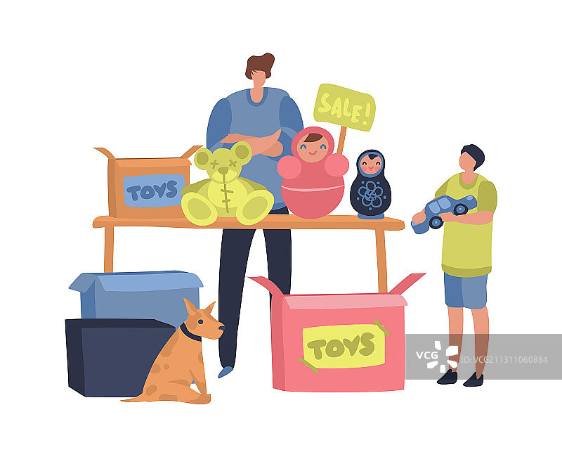 跳蚤市场概念：男人和孩子在售卖图片素材