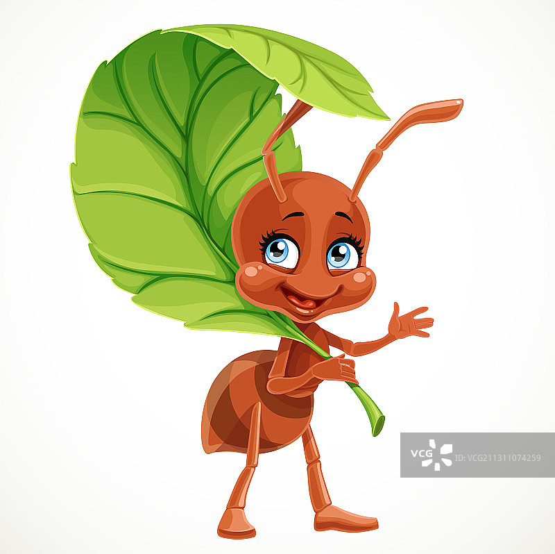 卡通蚂蚁用绿叶树当伞图片素材