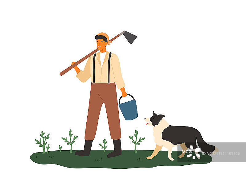 可爱的男性农民拿着锄头和水桶图片素材