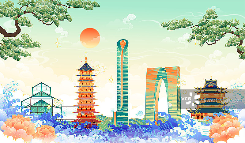 江苏省苏州城市建筑矢量插画图片素材
