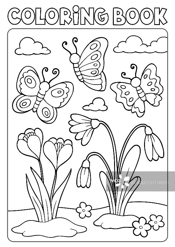 春季花卉蝴蝶涂色书图片素材