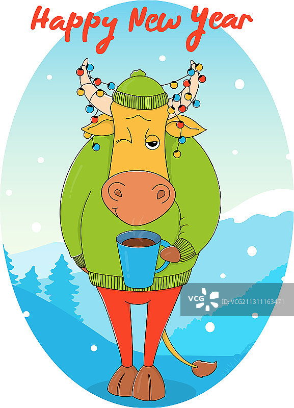 穿着绿色毛衣，手拿咖啡杯的公牛图片素材