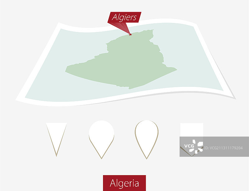 弯曲的阿尔及利亚纸质地图，首都阿尔及尔图片素材
