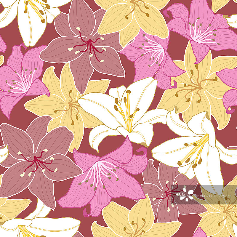 红色背景上的百合花无缝图案图片素材
