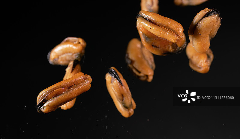 黑色背景跳动掉落慢动作棚拍贻贝广告素材图片素材